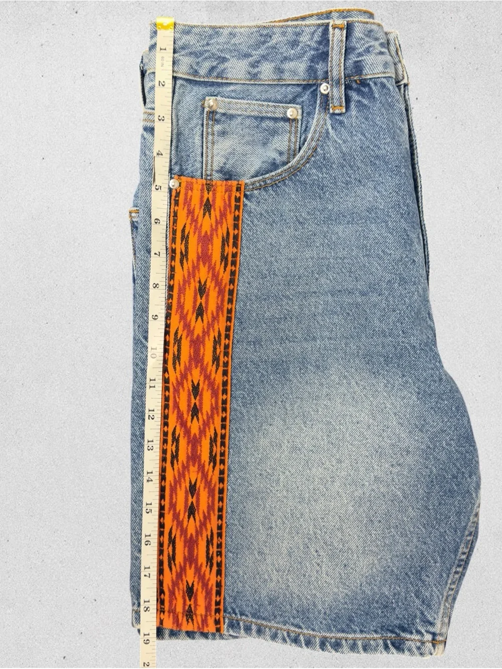 ASOS Denim Long Baggy Shorts Orange Embroidered Trim Y2K Waist 30